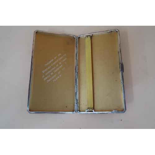 360 - A late Art Deco silver cigarette case, of slim, rectangular, double sized form with engine turned de... 