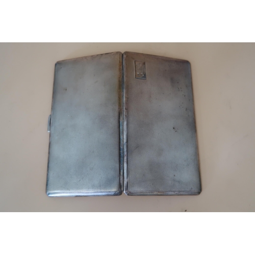 360 - A late Art Deco silver cigarette case, of slim, rectangular, double sized form with engine turned de... 