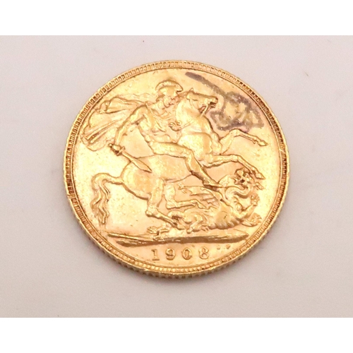 408 - A Gold Full Sovereign of Edward VII, 1908 London. 

Weight: 8g 

Condition: Edge knock at bottom of ... 