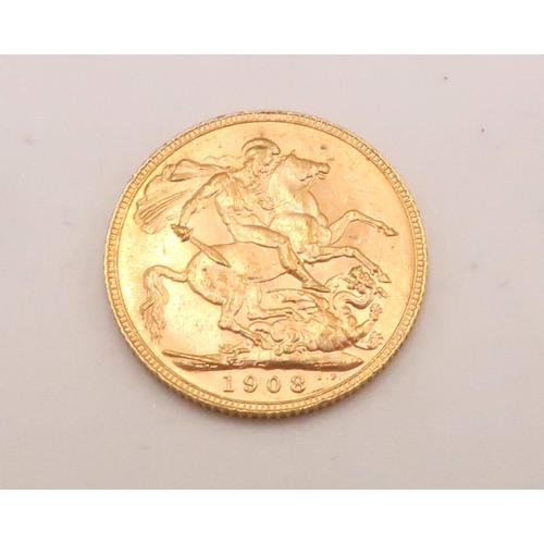 409 - A Full Gold Sovereign of Edward VII, 1908 London. 

Weight: 8g 

Condition: Fine