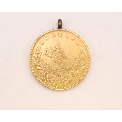 411 - A 22ct Gold Ottoman Empire, Abdul Aziz, 500 kurush. 1869, toughra within wreath, rev. inscription an... 