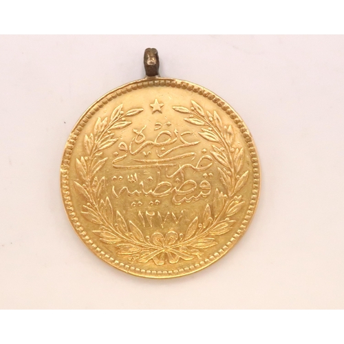 411 - A 22ct Gold Ottoman Empire, Abdul Aziz, 500 kurush. 1869, toughra within wreath, rev. inscription an... 