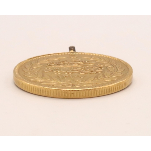 411 - A 22ct Gold Ottoman Empire, Abdul Aziz, 500 kurush. 1869, toughra within wreath, rev. inscription an... 