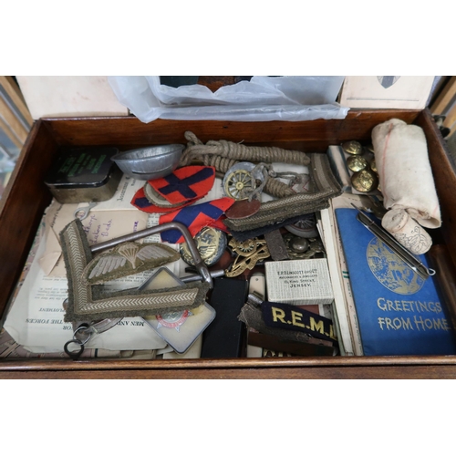 455 - A wooden box containing a large quantity of personal Military items, letters, diaries, medals, badge... 