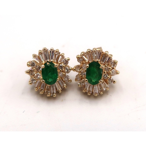 80 - A pair of 18ct Yellow Gold (Tested) Designer Emerald and Diamond Ear Rings with 9ct Yellow Gold Butt... 
