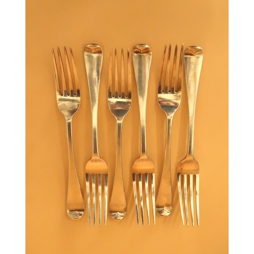 375 - A set of six early Victorian silver large forks in the Hanovarian pattern all armorial engraved with... 