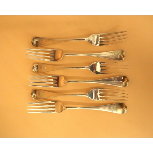 378 - A set of six Victorian silver dessert forks, in the Hanovarian pattern, monogram engraved, John & He... 
