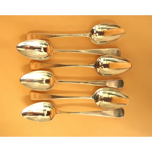 379 - A set of six George III Scottish silver dessert spoons in the Hanovarian pattern, monogram engraved,... 