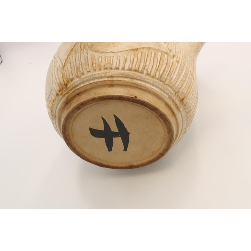 507 - A Japanese stoneware teapot, with inscribed leaf and tree decoration, with bent bamboo handle, singl... 