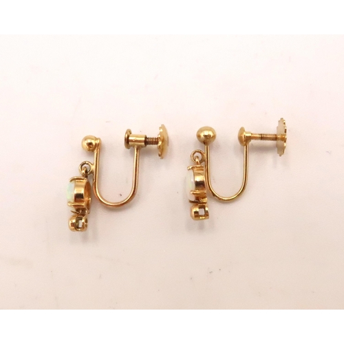 92 - A pair of 9ct gold and opal drop earrings, the opals with excellent colour and play, likely Australi... 