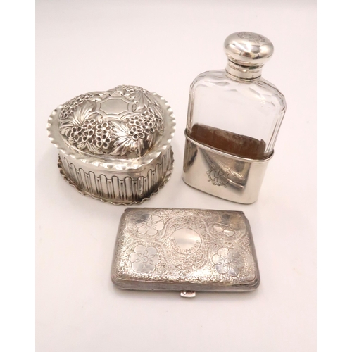 381 - A Sterling Silver Heart shape trinket box, together with a silver cigarette case & flask. 

Weight: ... 