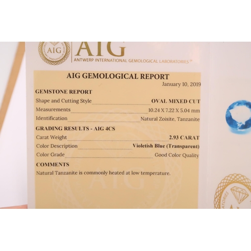 52 - A loose tanzanite oval cut. With AIG report stating 2.93cts