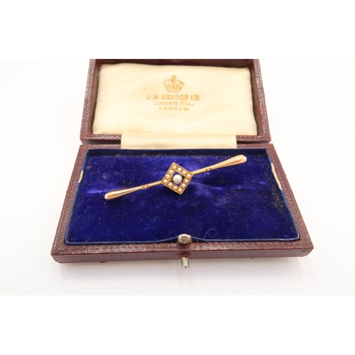 55 - A late Victorian or Edwardian seed pearl bar brooch, 49.4mm long, apparently unmarked but testing as... 