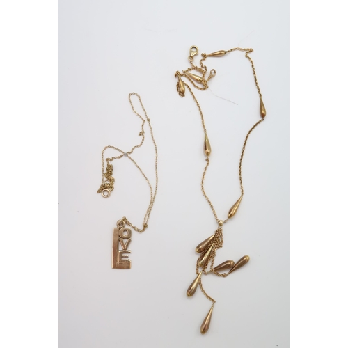 61 - Two 9ct pendant necklaces to include a 'love' pendant and a teardrop panel drop necklace. Weight 9.7... 