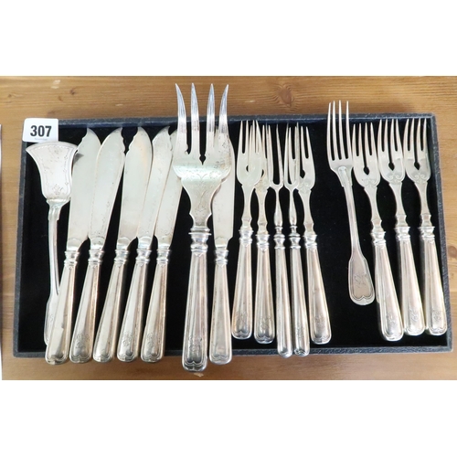 307 - A Group of .800 Continental Forks, Fish knives and assorted. Handles appear filled. 

Weight: 896g/2... 