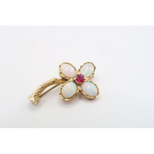 24 - A Good Quality Fully Hall Marked 9ct Yellow Gold Opal and Ruby Flower Brooch, Opals are a Good Colou... 