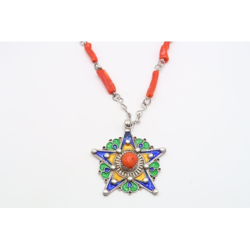 26 - A Silver Arts and Crafts Coral and Enamel Chain and Pendant, Chain approx. 50cms Long, Pendant appro... 