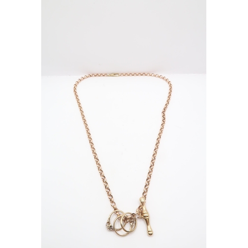 108 - A 9ct Antique Style Albert Chain and T Bar with ring charms attached.&nbsp;Weight: 9.51g Length: 46c... 