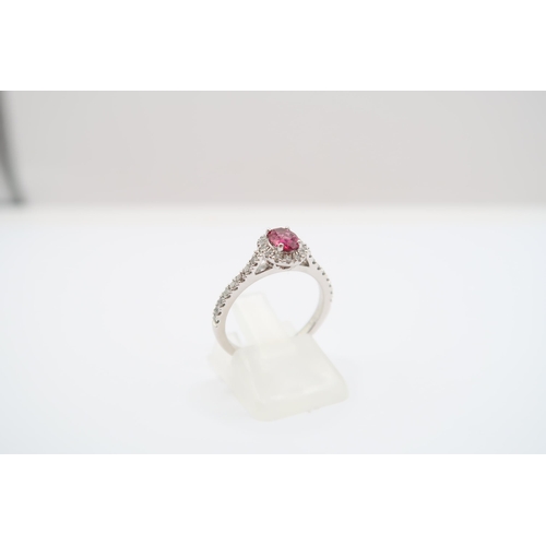 18 - A platinum ruby and diamond ring - diamonds well matched, bright and lively - head size approx 8mm x... 