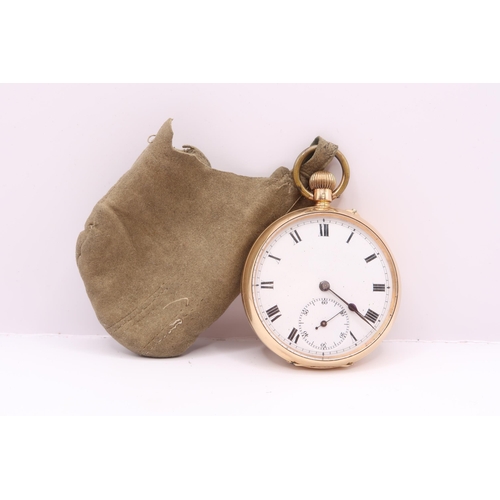 A 14ct Open Faced Pocket watch, Featuring an unsigned white enamel dial with black roman numerals. 