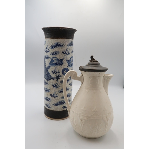 430 - A Single Chinese Blue & White 'Crackle' Cylinder Vase, depicting dragons and waves within clouds... 