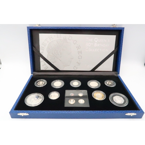 373 - QUEEN ELIZABETH II QUEENS 80TH BIRTHDAY SILVER PROOF COIN COLLECTION, 1 pence to 5 pounds, including... 