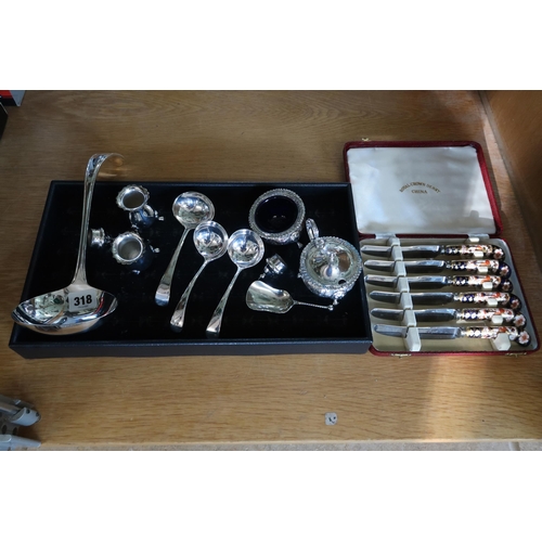 318 - A Group of Silver Plated Items to include Ladle, Spoons and a Royal Crown Derby China Knife Set