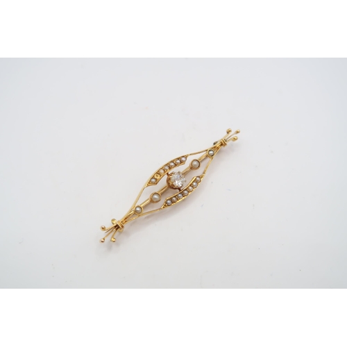 6 - An Art Deco 18ct Tested Edwardian Diamond and Seed Pearl Brooch.Weight: 3g Length: 5cm x 1cm.&nbsp;... 