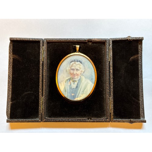 487 - A 19th-century Painted Gold Metal Rimmed Portrait Miniature housed within a fitted brown velvet case