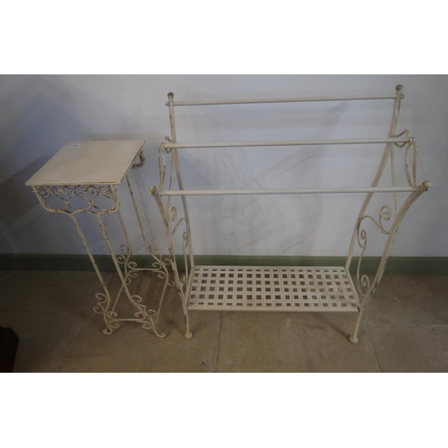  A painted wooden towel rail and side table