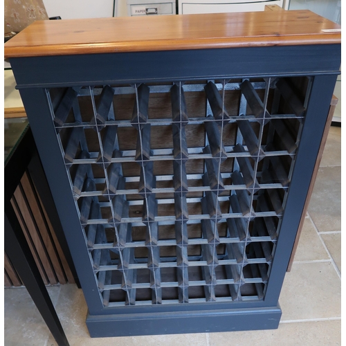  A modern wine rack with a pine top over a painted base, holds 48 bottles, 71cm wide x 100cm high