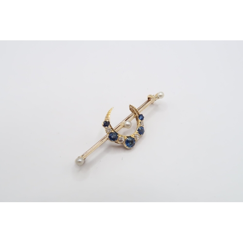 22 - A Quality Edwardian 18ct Yellow Gold Diamond Sapphire and Pearl Crescent Brooch, Sapphires are a ver... 