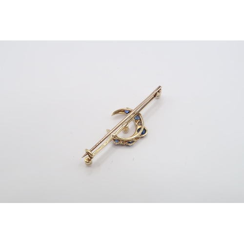 22 - A Quality Edwardian 18ct Yellow Gold Diamond Sapphire and Pearl Crescent Brooch, Sapphires are a ver... 