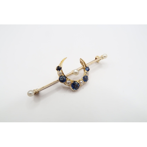 22 - A Quality Edwardian 18ct Yellow Gold Diamond Sapphire and Pearl Crescent Brooch, Sapphires are a ver... 
