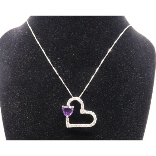 1 - A 14ct White Gold Amethyst heart pendant. Weight: 2.87g Length: 24cm Pendant size: 18mm across