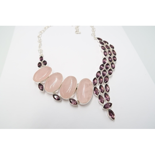 28 - A 925 Silver Amethyst And Rose Quartz Necklace&nbsp;Weight: 90g&nbsp;