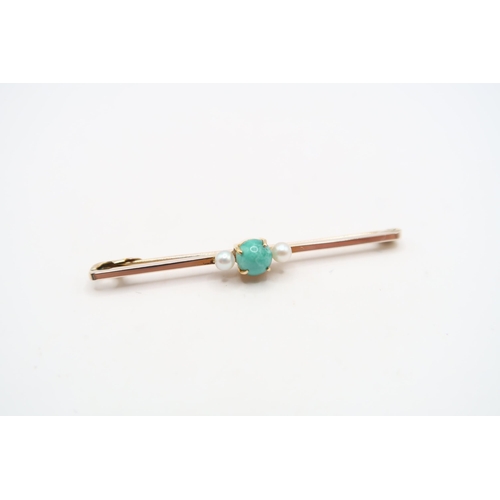 77 - An Edwardian 9ct Yellow Gold Turquoise and Pearl Brooch, Head Size approx. 45mm x 5mm