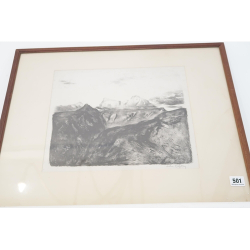 501 - An John Copley RBA (1875-1950) Signed Black and White Lithograph of Barvarian Hills, Framed is label... 