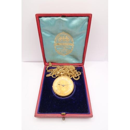  An Early 19th Century 18ct, Open Faced Pocket watch featuring a finely engraved dial with foliate sc... 