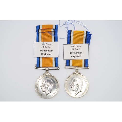  A Pair of British WW1 War Medal 1914 - 1918, Issued to PTE. J.T. Archer 4389, Manchester Regiment. W... 