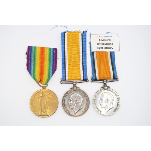  A Pair of British WW1 War Medal 1914 - 1918, Issued to PTE. F, McCann CH.22186, Royal Marine Light I... 