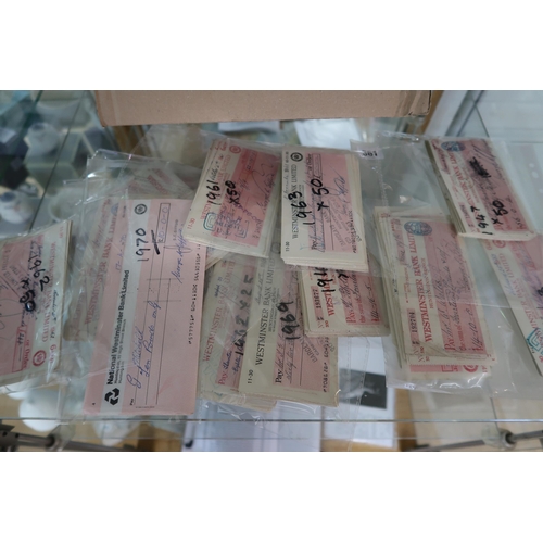 361 - A Large Group of War Time Issued Westminster Bank Limited, Huntingdon Branch Red on white Cheques. M... 