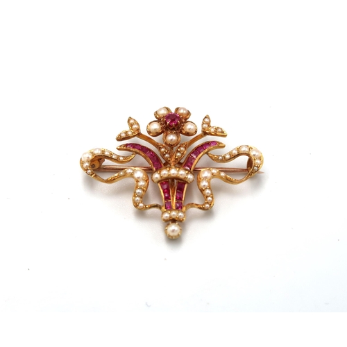 131 - A Fine Quality 15ct Yellow Gold Edwardian Ruby and Pearl Brooch in its Original Case, Rubies are a V... 