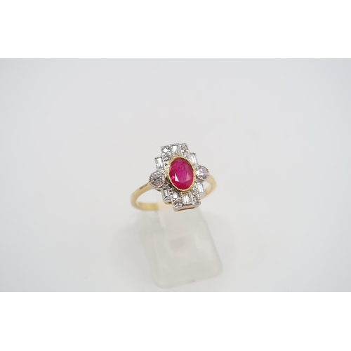 134 - A Stunning & Vibrant 18ct Yellow Gold Art Deco Style Ruby and Diamond Ring, Ruby and Diamonds ar... 