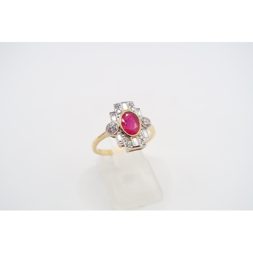 134 - A Stunning & Vibrant 18ct Yellow Gold Art Deco Style Ruby and Diamond Ring, Ruby and Diamonds ar... 