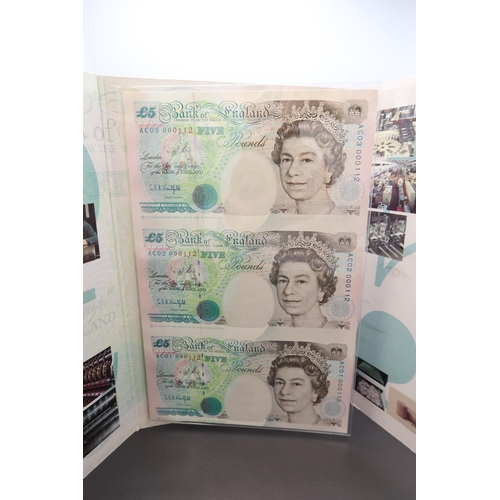 362 - A Bank of England 1990 Three Note £5 Sheet Press Uncut 3 Note Folder, AC02 000112.