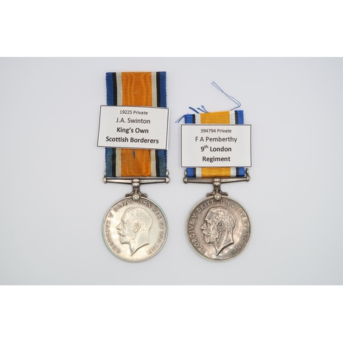 376 - A British WW1 War Medal 1914 - 1918, Issued to Pvt. James A Swinton 19225, King's Own Scottish Borde... 