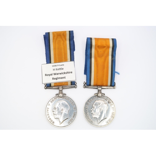 383 - A Pair of British WW1 War Medal 1914 - 1918, Issued to PTE. Herbert Kettle 1698, Royal Warwickshire ... 