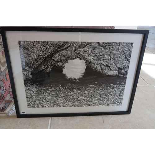 513 - A framed and glazed pen and ink drawing by C.J. Clarke - Title 'Coming Out' Stair Hole, Dorset