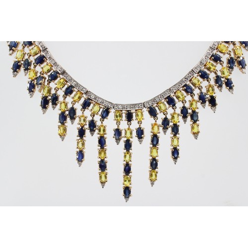 33 - A 9ct gold sapphire and diamond articulated graduated fringe centre piece necklace. Weight 41.49 gra... 